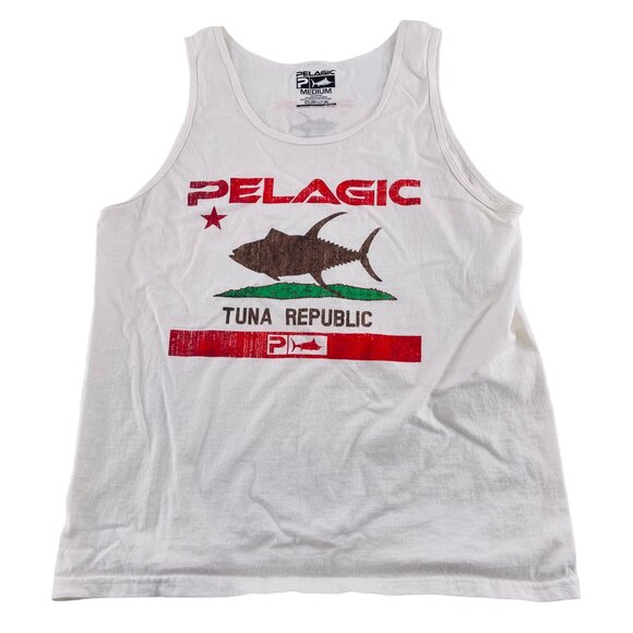 Pelagic Tuna Republic Tank Top Men's Medium White 100% Cotton - Picture 1 of 4